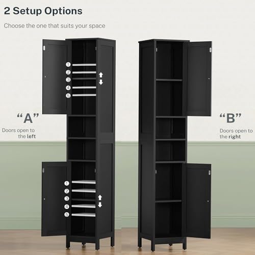 Image of TEENFON 67 inch Tall Bathroom Cabinet with Adjustable Shelves and Doors | Narrow Bathroom Storage Cabinet for Small Space, Living Room, Entryway, Kitchen, Black