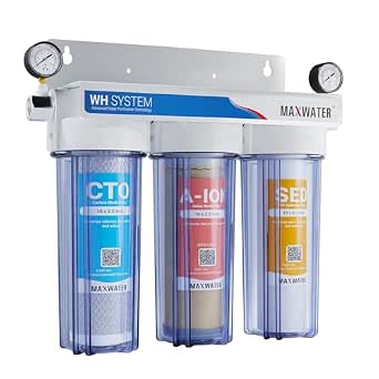 Max Water 3 Stage Tannins/Nitrate Reduction Whole House Water Filtration System - 10 inch Standard, Sediment + Anion + CTO Post Carbon, ¾ Inlet/Outlet