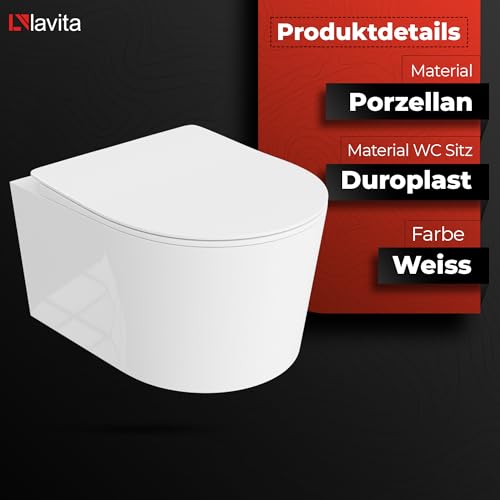 LAVITA Wand-WC Loso Hänge Toilette Toilettendeckel mit Absenkautomatik & Metallscharniere Toiletten Spülrandlos Hängend Toilettenbecken 360x450x350 mm Weißer Glanz – Bild 4