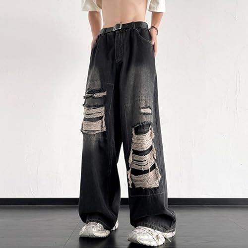 Ripped Baggy Jeans for Men Distressed Y2K Style Wide Leg Denim Pants Grunge Streetwear Fashion Black3