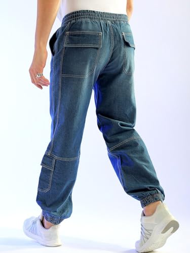 Image of The Indian Garage Co Men Loose Fit Solid Mid-Rise Stretchable Denim Joggers