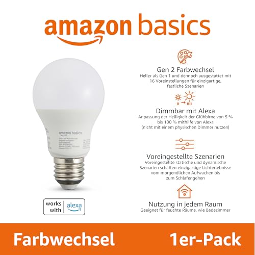 Amazon Basics Smarte A60 LED-Glühbirne, farbenwechselnd, E27, 2,4 GHz WLAN, 8 W (entspricht 60 W), funktioniert nur mit Alexa, 1 Stück, Mehrfarbig