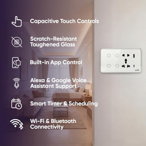 Image of AZIOT Smart Premium Toughened Glass Touch Switch Panel | Elevate 4 Module (4 Switch + Socket) | WiFi + BLE | No Hub Required | Compatible with Alexa, Google Assistant & Siri | White