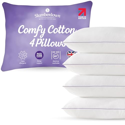 Slumberdown Cotton Pillows 4 Pack Premium Thick & Bouncy Hotel Pillow for Stomach, Back & Side Sleepers - Non-Allergenic Cotton Cover with Piped Edge, Made in the UK, Machine Washable (48 x 74cm)