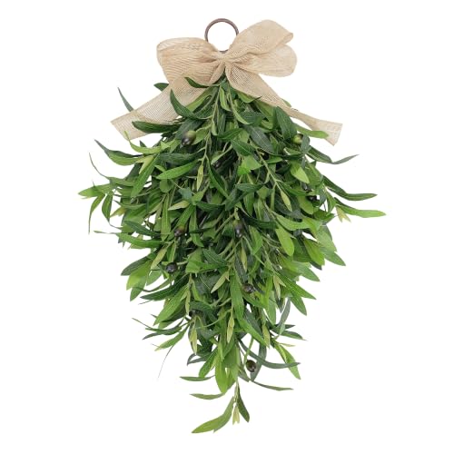 Artificial Olive Teardrop Swag Wreath for Front Door - 22 Inch Faux Greenery Wall Decor with Burlap Bow - Farmhouse Olive Branch Swag for Indoor Kitchen Entryway Wedding Arch