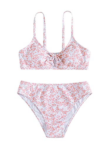 COZYEASE Girls' 2 Piece Ditsy Floral Print Knot Front Ruched Triangle Bikini Swimsuit Multicolor 8-9Y