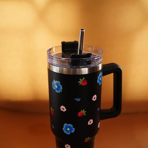 Image of 1200ML Stainless Steel Tumbler Hot and Cold with Handle and Lid and 2 Straws, Double Insulated Cup Leak Proof Mug Cupholder for Gym, Travelling (Black Floral)