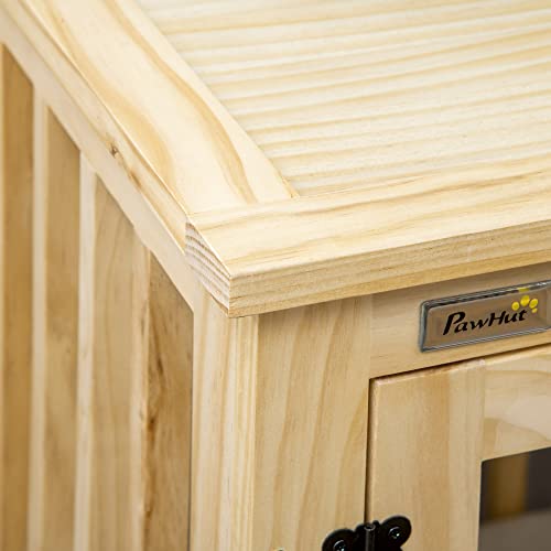 Pawhut Hundekäfig, Tierkäfig aus Holz, Haustierkäfig für mittelgroße Hunde, Hundehütte mit Kissen, Hundebox, Indoor, Naturholz+Cremeweiß, 82,5 x 57 x 72 cm