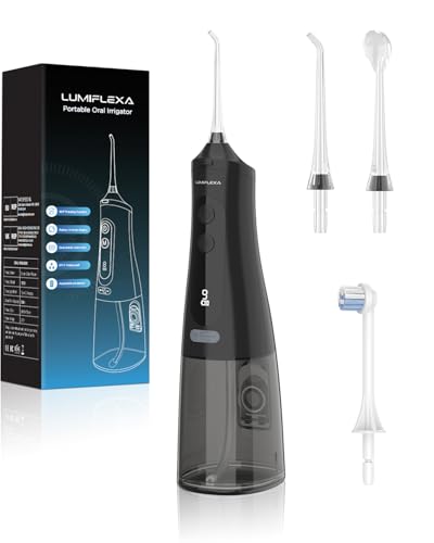 Lumiflexa Water Dental Flosser for Teeth Pick, Cordless Flosser for Travel with 4 Jet Tips, 9 intensities, IPX7 Waterproof Portable & Rechargeable Oral Irrigator Cleaner, Black