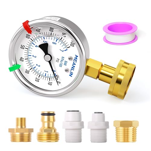 Image of MEANLIN MEASURE 0~100Psi Liquid Filled Pressure Gauge kit Plus 5 adapters Stainless Steel Frame 3 /4 inch Female, 2.5 inch FACE DIAL Multi-Purpose Pressure Gauge kit, Suitable for Gardens, Water Pipes, etc