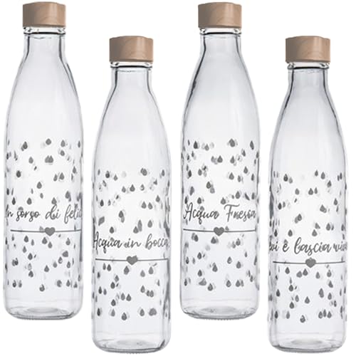Home Tresor Set 4 Bottiglie Vetro Acqua 1 Litro, Tappo