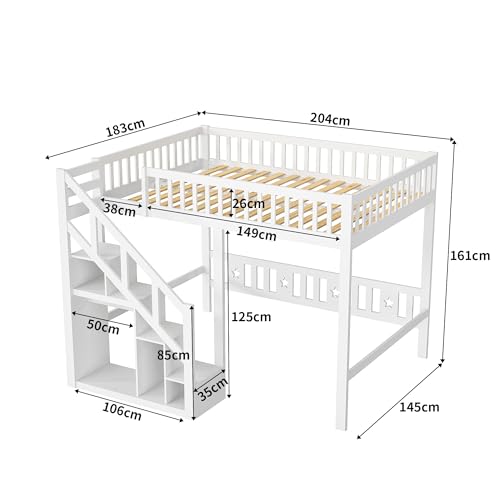 Kinderbett Etagenbett 140x200, Hochbett 140 x 200 mit Treppe, Staurau, Gitter und Rausfallschutz, Hochbett für 2 Kinder, Jugendhochbett mit Lattenrost, Kiefer, Ohne Matratze (Weiß A01, 140x200)