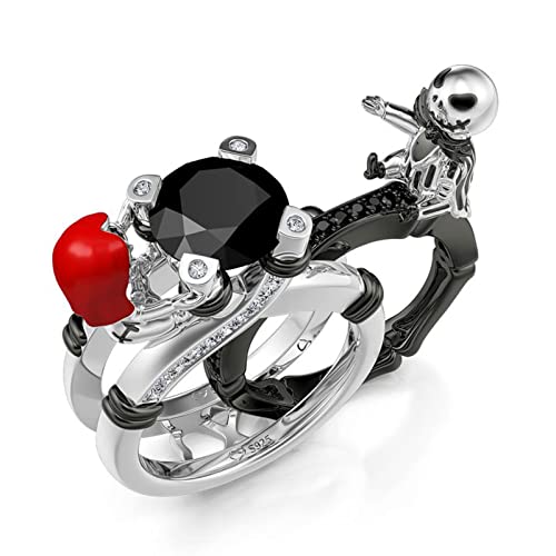 Image of Jeulia Hug Me Magic of Love Skull Couple Round Cut Sterling Silver Ring for Women Wife Girlfriend Engagement Wedding Anniversary Christmas Birthday With Jewelry Box