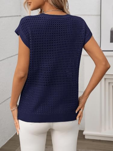 Image of Womens Crochet Cap Sleeve Sweater Summer Crew Neck Casual Hollow Out Knit Tops Pullover Trendy Beach Cover Ups Outfits