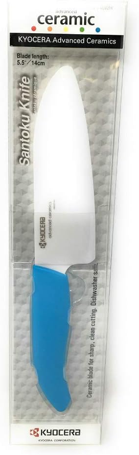Kyocera’s Revolution Series 5.5” Ceramic Santoku Knife, Chef Knife For Your Cooking Needs, Blue Handle, White Blade