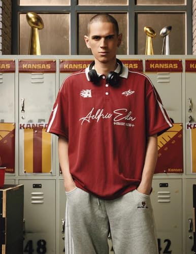 Aelfric Eden Mens Vintage Letter Polo Tee Oversized Button Collar Graphic Patchwork T Shirt Short Sleeve Summer Tops2