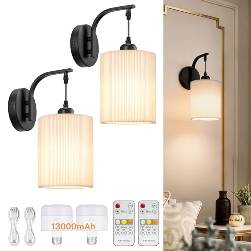 Image of Battery Operated Wall Sconce Set of Two, Pleated Fabric Rechargeable Wireless Wall Sconces with 13000mAh Bulb & Dimmable, Battery Sconces Wall Light Decor Set of 2 for Living Room, Black