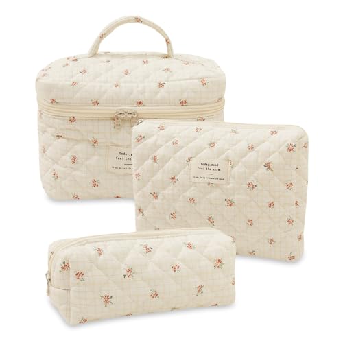 Aucuu 3PC Bolsa De Maquillaje De Algodón, Grande Bolsa De Cosméticos, Bolsa De Cosméticos Floral, Bolsa De Cosméticos De Viaje, Bolsa De Cosméticos Acolchada, Bolsas de Almacenamiento de Cosméticos