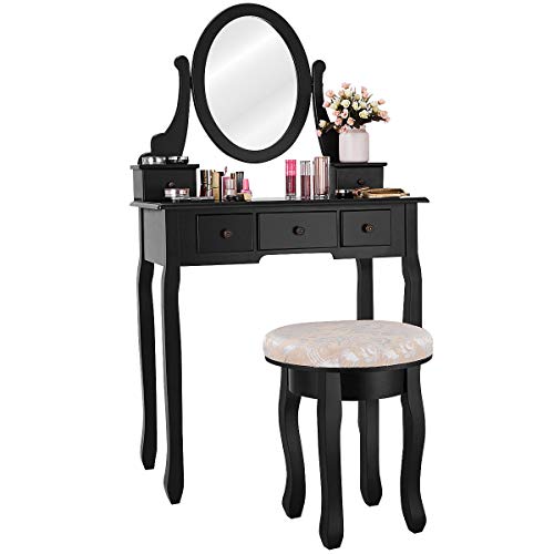 Giantex Vanity Makeup Table Set Bedroom Furniture with Cushioned Padded Stool & 5 Drawer Round 360 Degree Rotation Swivel Mirror Dressing Table Stool Wooden Vanity Set (Black with 5 Drawer)