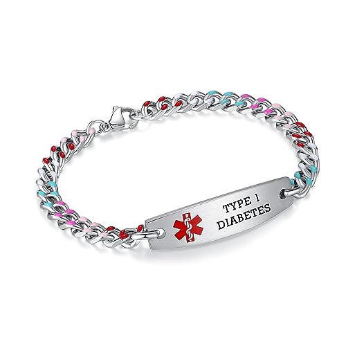 AOAMID Medical alert bracelets for Women color Stainless steel Medical id Bracelets with Free engraving 6.5 inch-8.5 inch (TYPE 1 DIABETES-7.5 Inches)