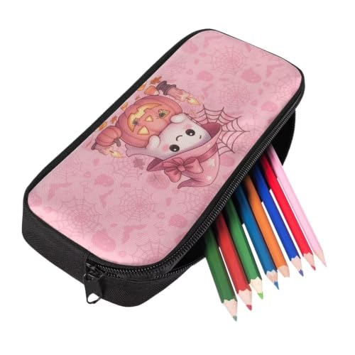 Image of Pencil Case, Pen Pouch Bag for Kids Students School Supplies | Pink Kawaii Ghost Print,polyester fabric,wear-resistant and easy to clean,zipper design gift for boys and girls
