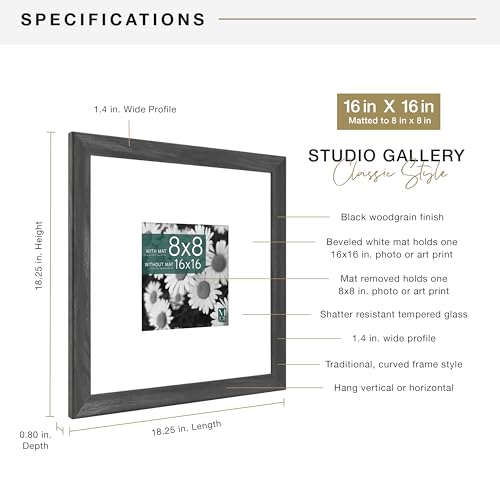 MCS Studio Gallery Classic 16x16 Picture Frame Black Woodgrain, Vertical & Horizontal Wall Hanging Large Picture Frame for Photos, Posters & Art Prints (1-Pack)