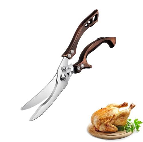 Geflügelschere scharfe Küchenschere,Geflügelschere Edelstahl mit Ergonomischen Griff,Huhn, Pute oder Truthahn,Fleischschere, Gans, zum Zerteilen von Ente,Holzfarbe