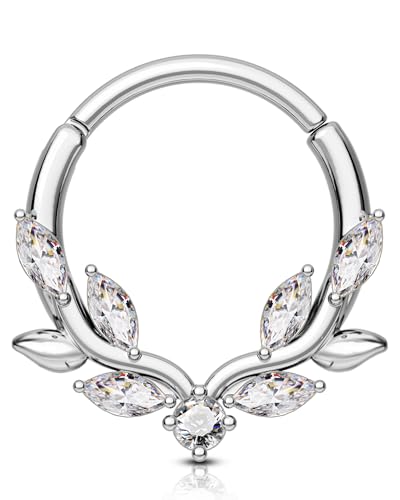OUFER Septum Piercing Schmuck Blatt Klar CZ Silber Daith Ring 16G Helix Ohrring Ring 316l Edelstahl Septum Daith Piercing Knorpel Helix Clicker Schmuck für Frauen 8 mm