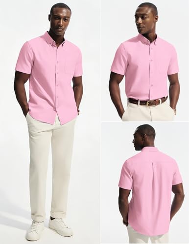 PJ PAUL JONES Mens Dress Shirts Oxford Button Down Shirt Short Sleeve Business Casual Untucked Shirts with Pocket Pink L — view 2