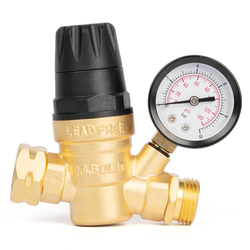 Image of U.S. Solid 3 /4 in GHT RV Water Pressure Regulator, Handwheel-Adjustable Lead-Free Brass, 45 psi Preset, 0-140 psi Gauge, Stainless Filter, for RV Camper Trailer and Garden Hose