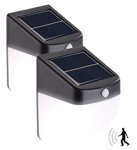 Preisvergleich Produktbild Lunartec Solar-Außenwandleuchten: 2er-Set LED-Solar-Wandleuchten mit PIR-Bewegungsmelder, 30 Lumen, 1 W (LED-Solar-Außenlampe, kaltweiß)