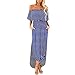 Produktbild Zegeey Damen Kleid Sommer Kurzarm Schulterfrei Einfarbig Blumenkleid Maxi Kleid A-Linie Kleider Vintage Elegant LäSsige Kleidung Rundhals Basic Casual Strandkleider(S7-Blau,XXL)