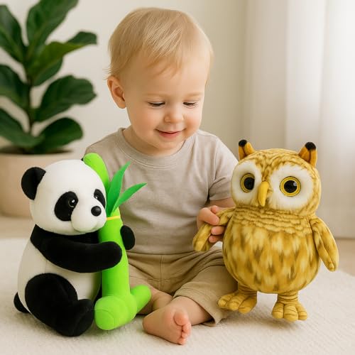 Image of Soft Panda & Owl Stuffed Animal Combo ? Cuddly Plush Toys for Kids | Jungle & Forest Animal Theme ? Ideal Gift for Boys & Girls (Panda 30cm & Owl 25cm)