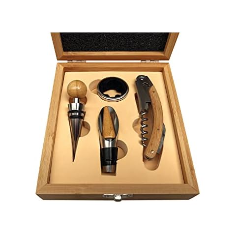 4 Piece Wine Gift Set - Waiter's Mate Including Corkscrew & Foil Cutter, Wine Stopper & Pourer + Velvet Lined Bottle Collar in Exquisite Bamboo Gift Box, 18.5 cm x 15.5 cm x 5 cm Cover