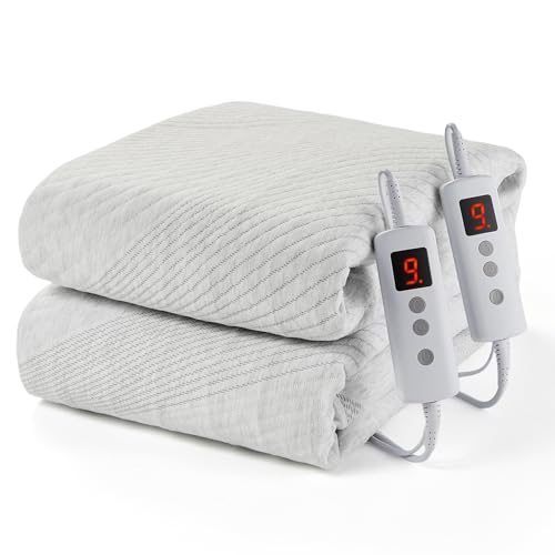 Dual Control Electric Blanket Queen 150x200cm, Breathable Air-Layer Heated Underblanket with 10 Heat Level & 9 Hours Auto Off, Fully Fitted Heating Mattress Pad with Overheat Protection, Light Grey