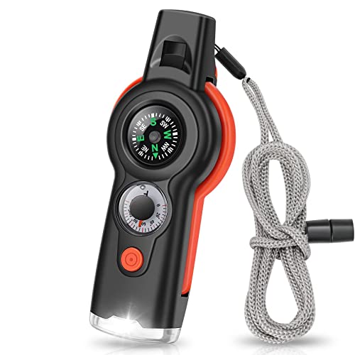 Emergency Survival Whistle 7 in 1 Multifunctional Whistle Outdoor Tool Safety Whistle with Lanyard Emergency Whistle with Compass Thermometer Magnifying Glass Reflector LED Light Storage Bin