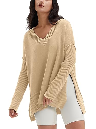 Image of DEEP SELF Women's V Neck Oversized Sweaters Long Batwing Sleeve Split Hem Pullover Asymmetric Loose Casual Knit Tops