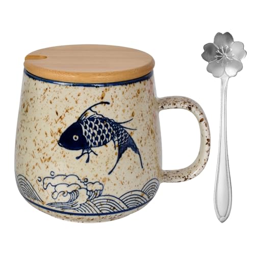 Süße Keramikkaffeetasse, 380ML Kaffee-Milch-Tee-Becher, Kaffeetassen mit Deckel & Löffel, Keramik Tasse mit Griff für Sicher, Morning Cup Kaffee,...