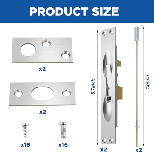 Image of Blulu 2 Pcs Solid Brass Extension Flush Bolt with Rod 12 Inch, 1 inch W x 6-3 /4 inch H Flush Bolt for Fire Swinging Hollow Metal Doors & Double Doors, Sliver