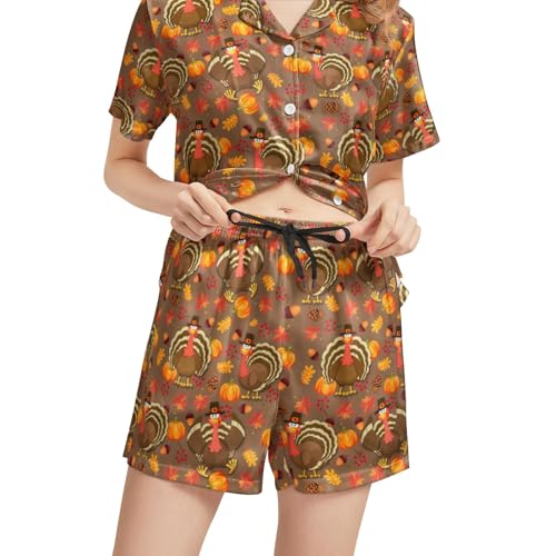 Image of Funny Satin Pajamas Set for Women Button Down Sleepwear Print Pjs Set 2 Piece Short Sleeve Loungewear Gift for Women