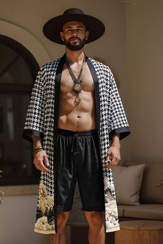 PRODESIGN Mens Houndstooth Kimono Robe - Long Satin Sleepwear Silky Nightgown Bathrobe Dressing Gown Cardigan Beach Cover Up3