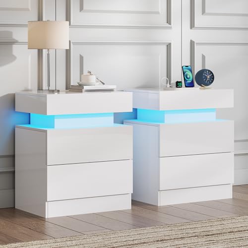 LUXOAK Lot de 2 tables de chevet brillantes avec LED et station de charge - Table de chevet moderne...