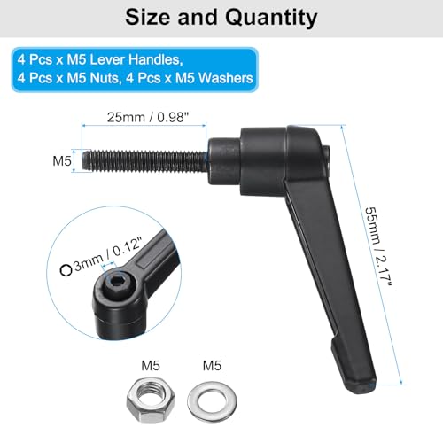 Image of uxcell 4pcs Lever Adjustable Handles M5 x 25mm Metric Male Thread with Nuts Washers, Level Clamping Handle Set Hand Stud Knobs Rotating Screw Handles Bolts with Locking Lever, Black