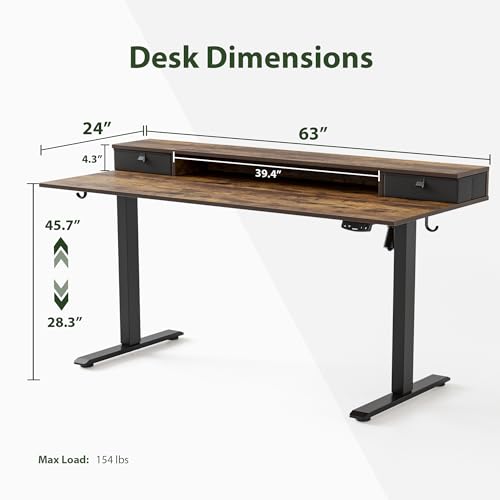 Image of Agilestic 63 x 24 Inches Electric Standing Desk with 2 Storage Drawers, Stand Up Desk Adjustable Height, Sit and Stand Computer Table with Splice Board, Black