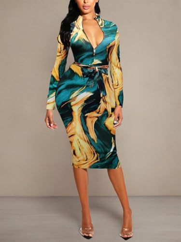 Image of ECHOINE Women's Vintage Print Bodycon Midi Dress Sleeveless Mock Neck Slim Fit Party Club Dress