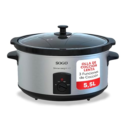 Sogo Olla de Cocción Lenta 5,5L con 3 Funciones de Cocción - Olla Eléctrica de Cocción con Tapa de Cristal Templado para Control - Olla para Cocinar Apta para Lavavajillas con Asa de Tacto Frío