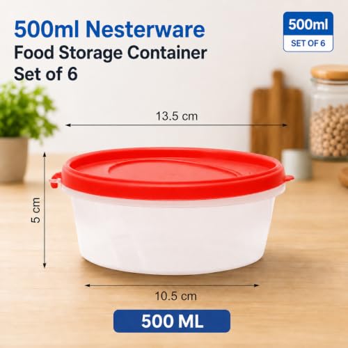 Image of Cutting EDGE Nesterware 500ml Stackable Container (Set of 6, Light Red) | BPA-free plastic, stackable design, leak-proof, kitchen storage, pantry, fridge, meal prep, reusable, travel use