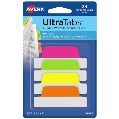 Image of Avery Margin Ultra Tabs, 2.5 inch x 1 inch, 24 Neon Repositionable Tabs
