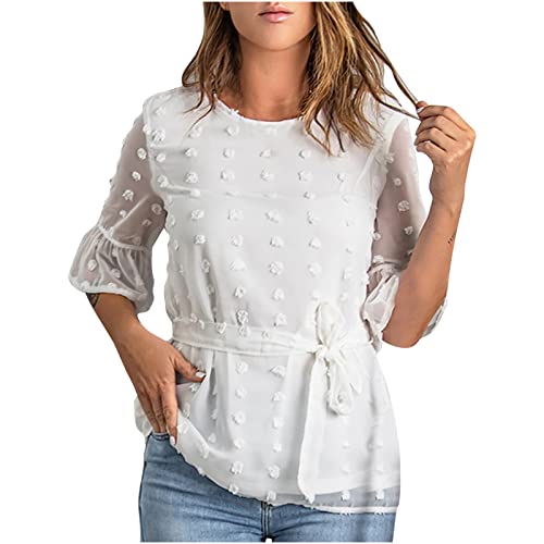 Womens Pom Pom Chiffon Tops Solid Round Neck See Through Ruffle Half Sleeve T Shirt Summer Belted Blouse for Daily