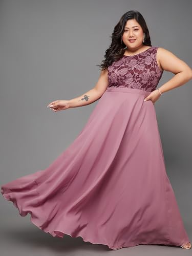 Image of Miss Chase A+ Women's Round Neck Sleeveless Georgette Floral Lace Fit & Flare Maxi Dress